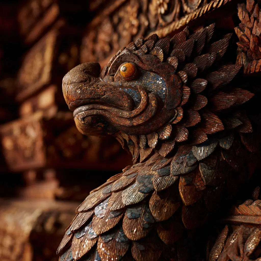 Detailed wood carving of a mythical bird representing sattapan cosmology.