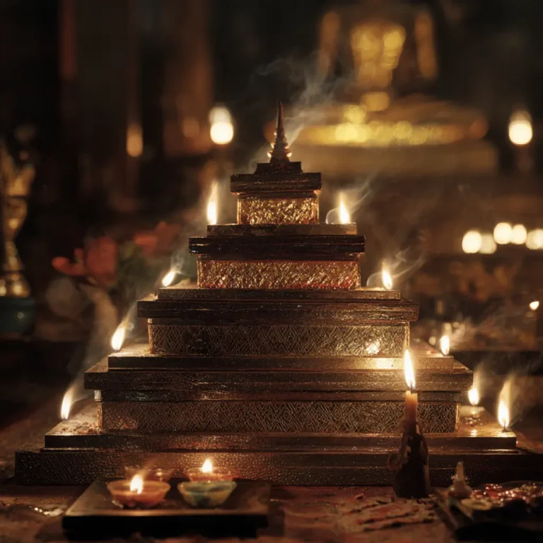 Golden tiered "Sattapan" structure adorned with candles, representing Lanna cosmology.