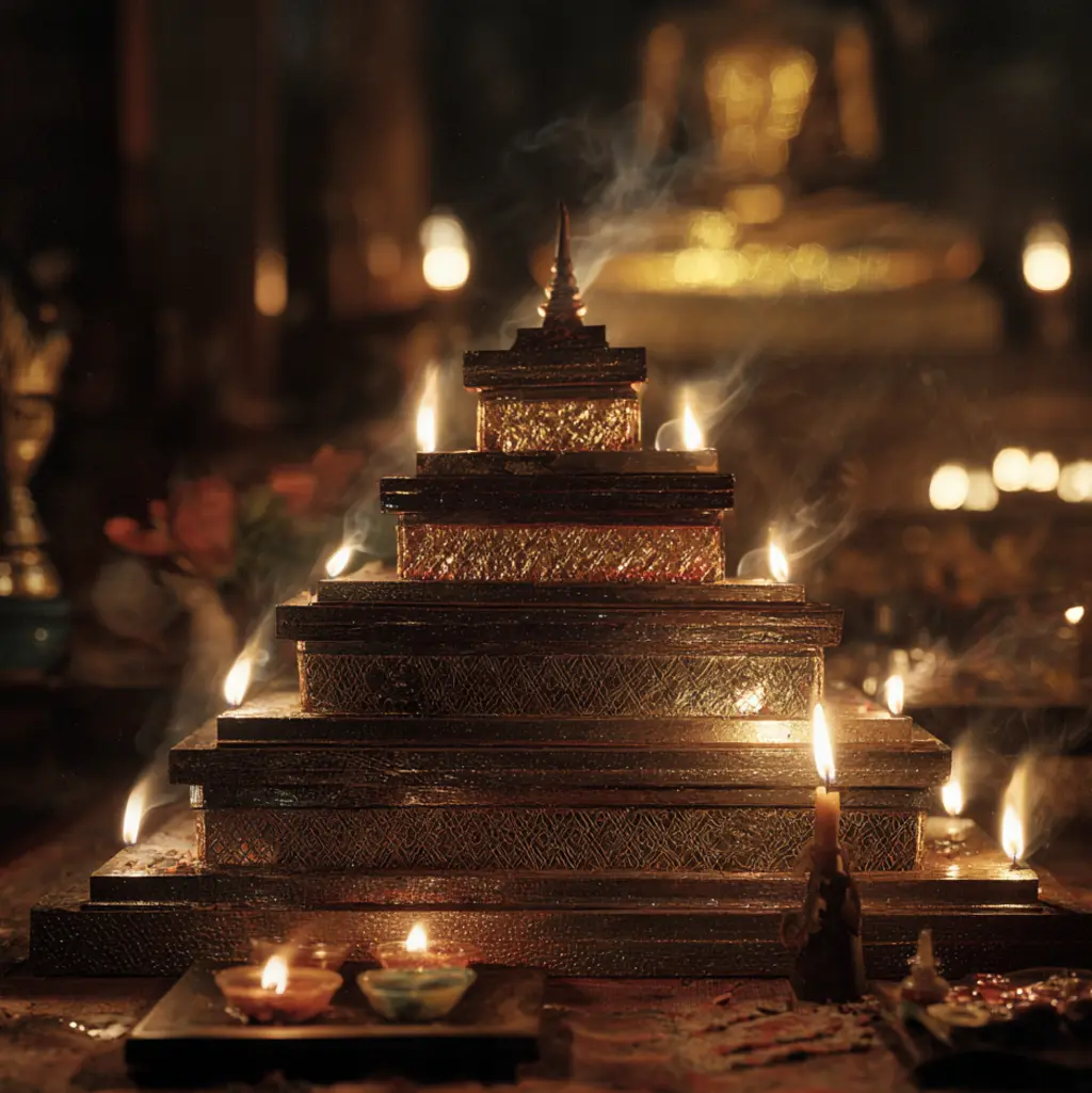 Golden tiered "Sattapan" structure adorned with candles, representing Lanna cosmology.