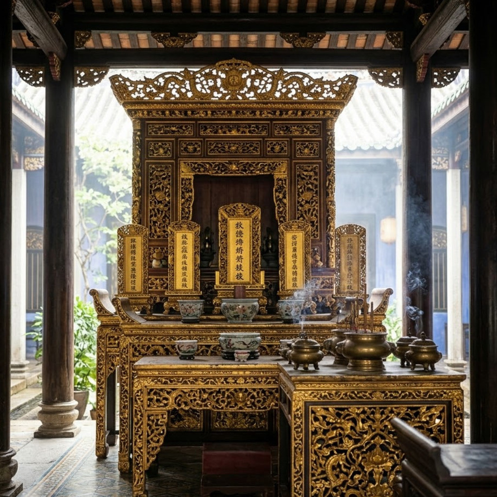 Ornate gilded ancestral altar in a Straits Eclectic mansion, with incense smoke rising.