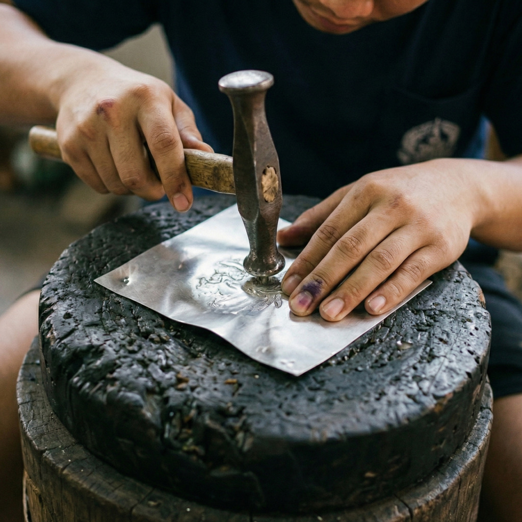 Artisan hammering silver in Chiang Mai's Wualai Silver District, creating intricate metalwork.