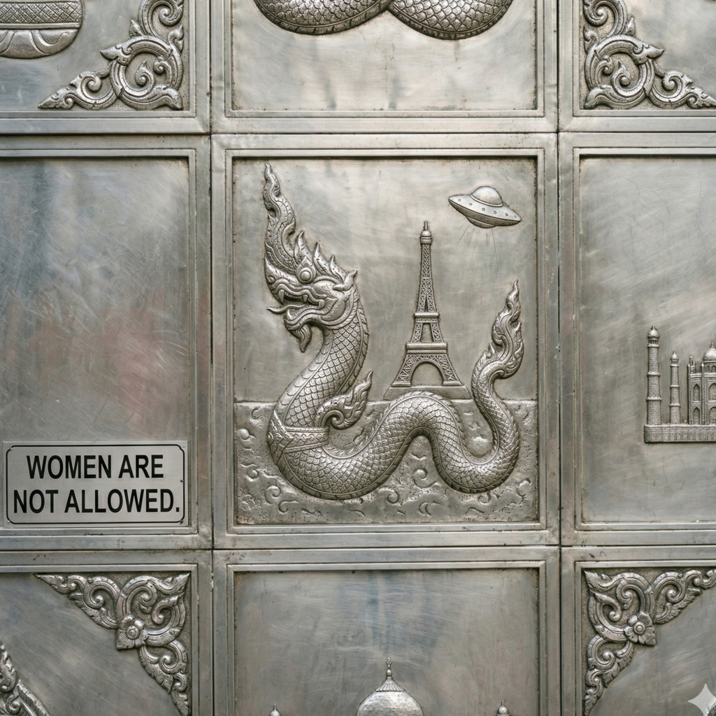 Wualai silver art: Dragon, Eiffel Tower, UFO, "Women are not allowed" sign. Chiang Mai artisan detail.
