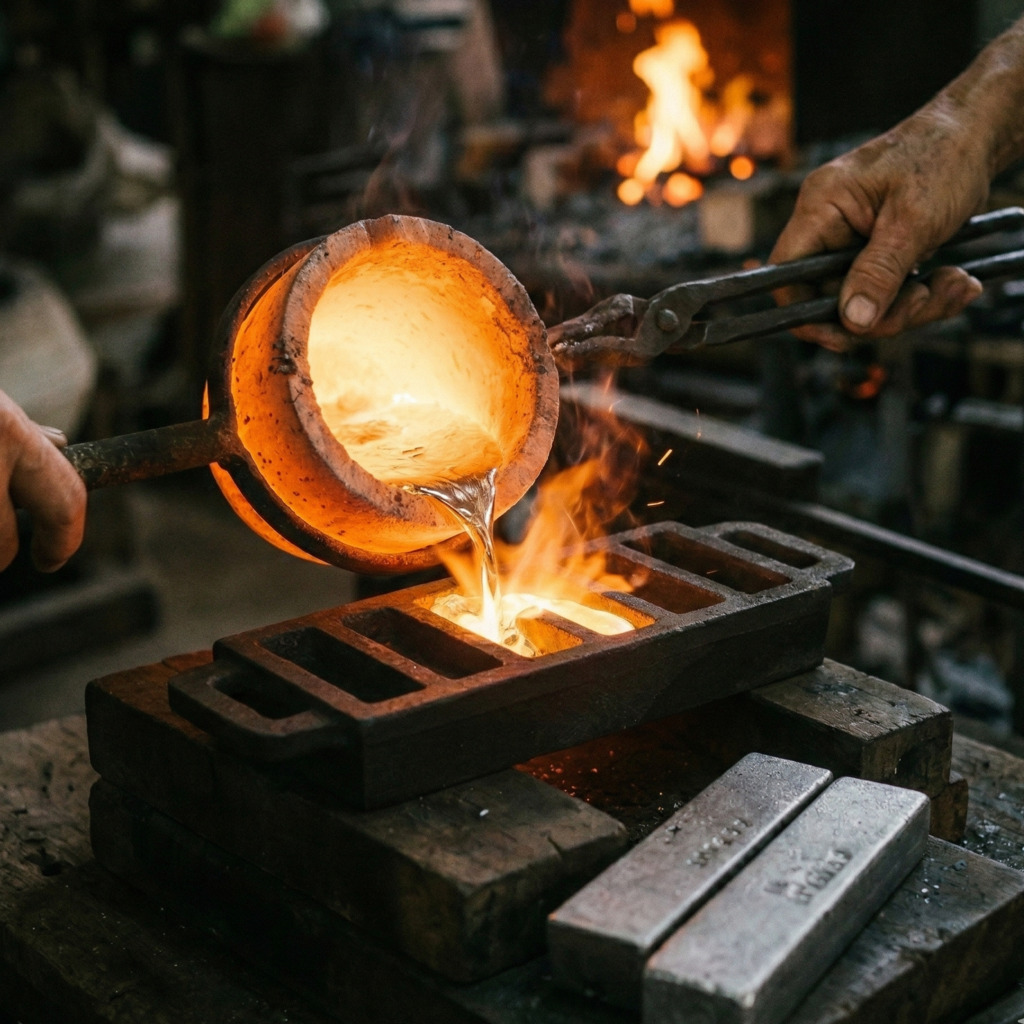 Molten metal being poured into molds in a Chiang Mai silver workshop; Wualai Silver District.