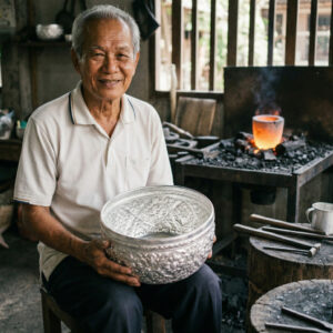Chiang Mai artisan smiles, holding ornate silver bowl from Wualai Silver District. Blacksmith forge in background.
