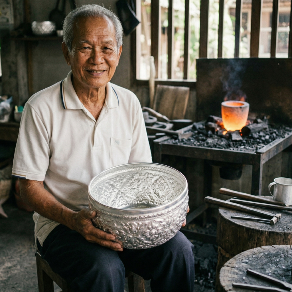Chiang Mai artisan smiles, holding ornate silver bowl from Wualai Silver District. Blacksmith forge in background.