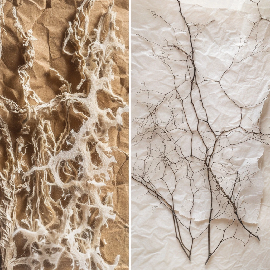 Bo Sang crafts: textured paper with white fibrous material and dried branches
