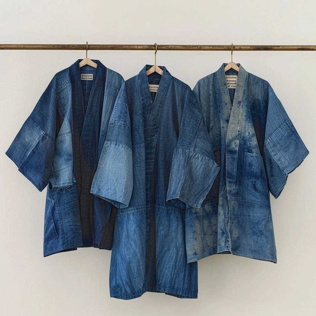 Three Lanna indigo fermented denim jackets hanging on a rack.