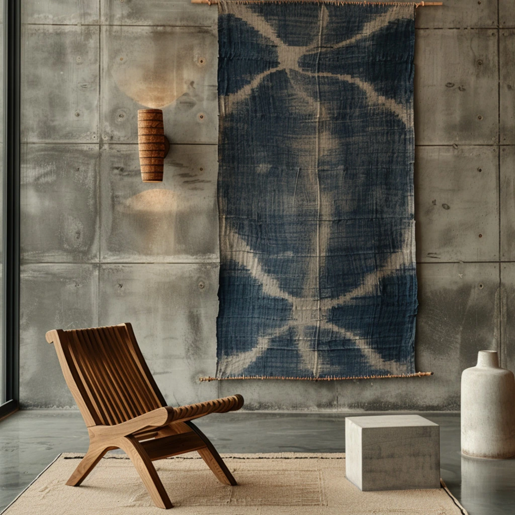 Lanna indigo textile art hangs on a concrete wall above a wooden chair.