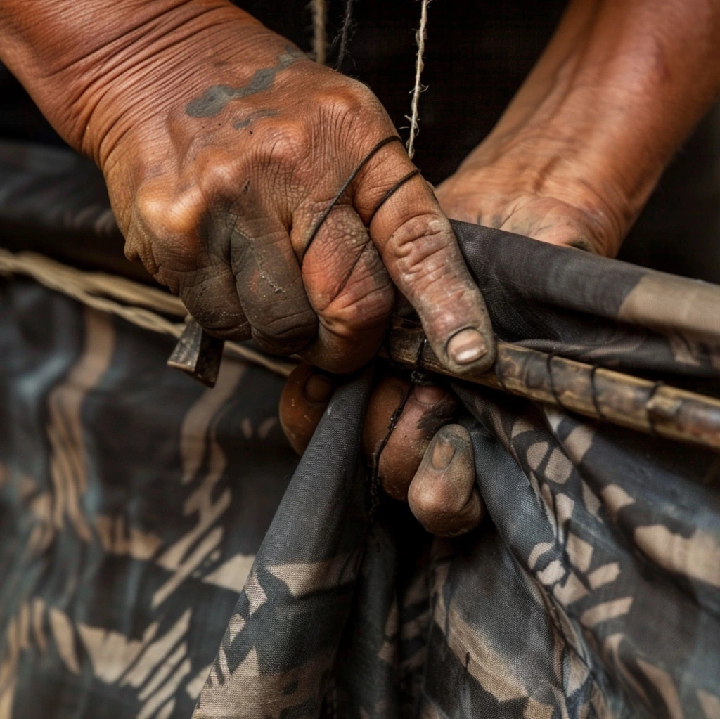 Hands stained with Lanna indigo dye working with fabric and a stick