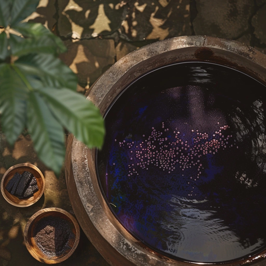 Lanna indigo fermentation vat with small pink bubbles and ingredients