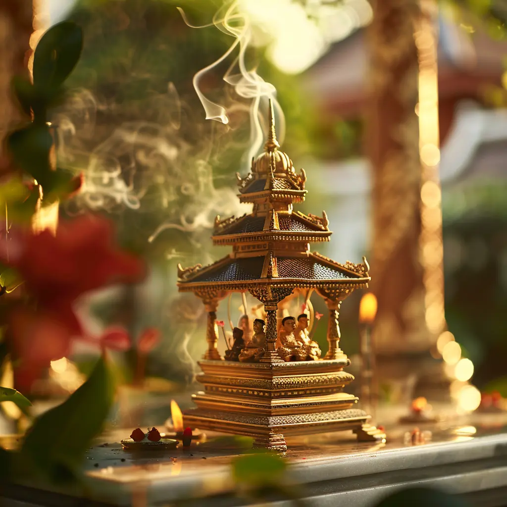 Golden shrine with figures, smoke, and candles, evoking Southeast Asian rituals.