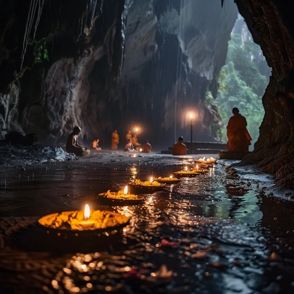 Monks in a cave with floating candles, Southeast Asia rituals