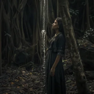 Woman in dark dress stands under waterfall in sacred Southeast Asian forest.