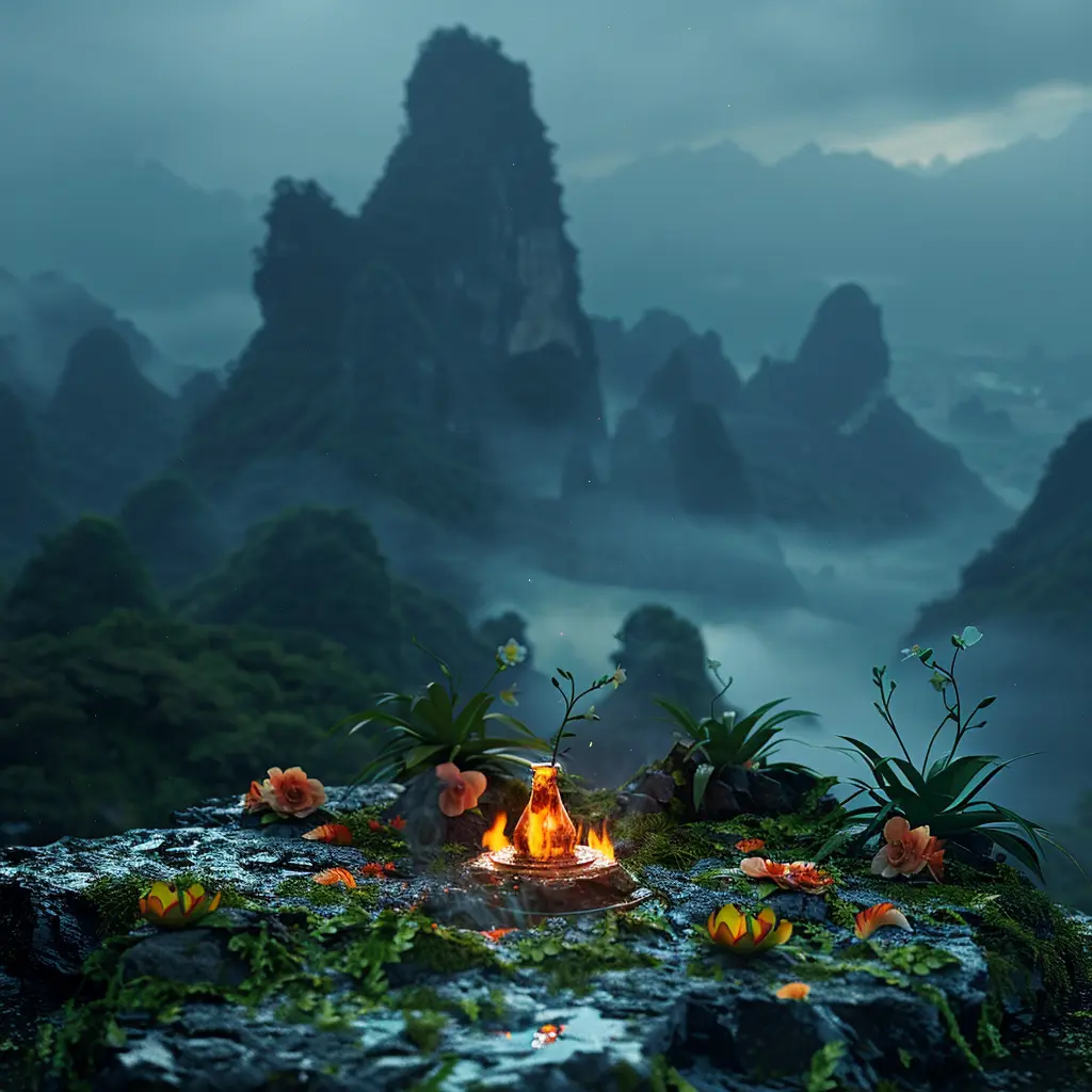 Sacred Southeast Asian ritual: glowing fire, mystical mountains, and ritual offerings.