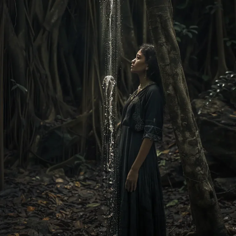 Woman in dark dress stands under waterfall in sacred Southeast Asian forest.