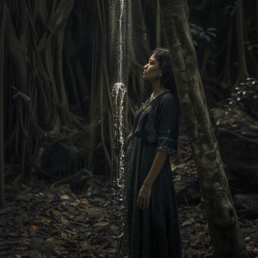 Woman in dark dress stands under waterfall in sacred Southeast Asian forest.