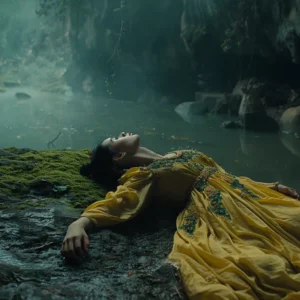 Woman in yellow dress lies near Chiang Rai's "Sleeping Lady" mountain