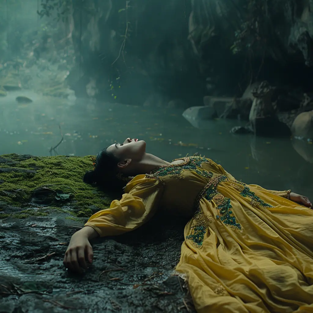 Woman in yellow dress lies near Chiang Rai's "Sleeping Lady" mountain