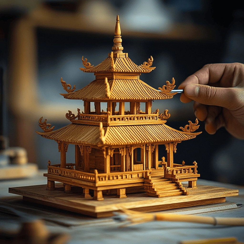 Intricate wooden Thai spirit house architecture, a sacred miniature palace.