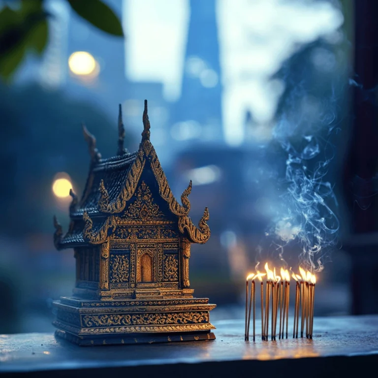 Ornate Thai spirit house with burning incense sticks, showcasing animist traditions.