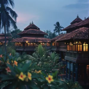 Langkasuka architectural buildings at dusk, with tropical foliage.