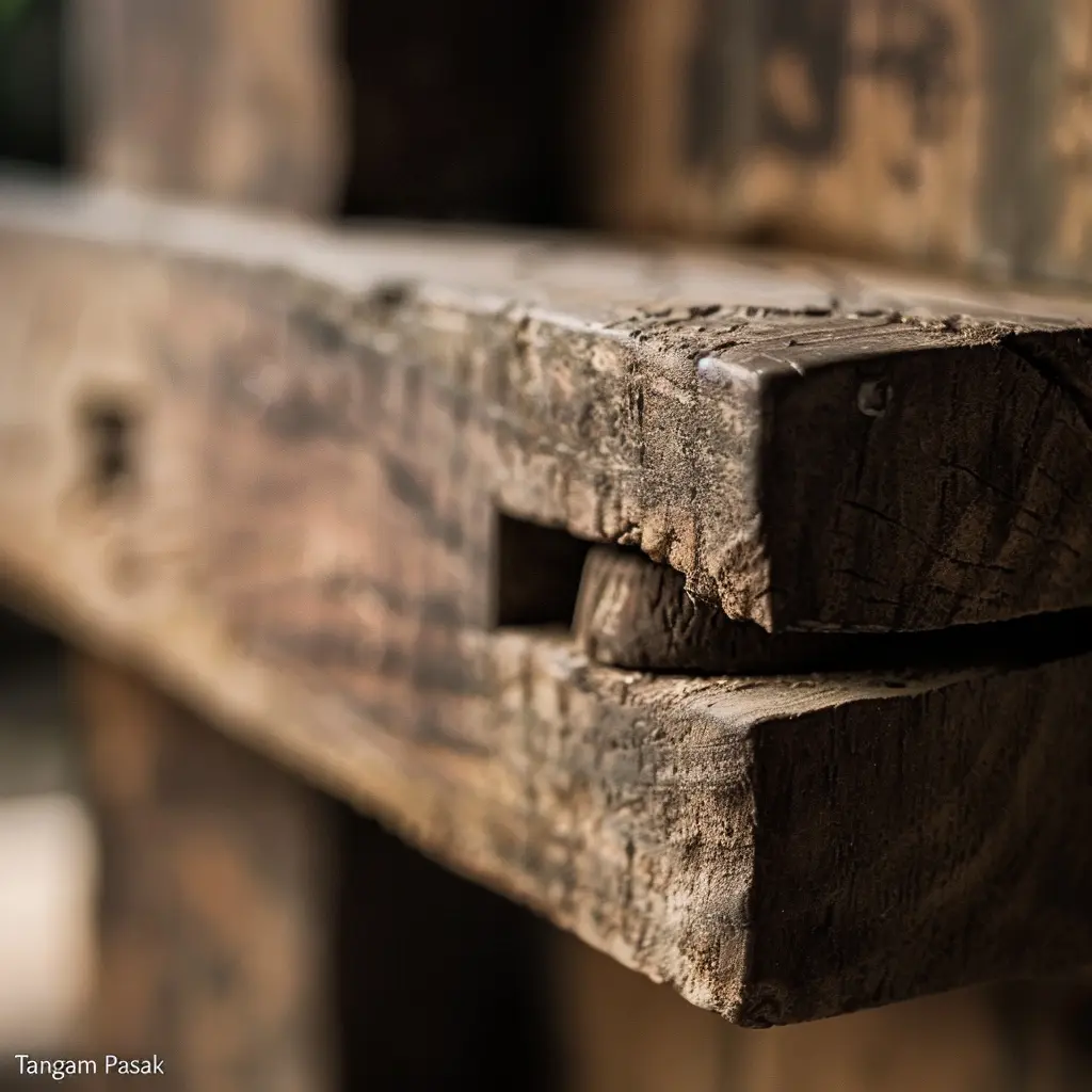 Close-up of weathered wooden beam with mortise and tenon joint, Langkasuka architecture detail.