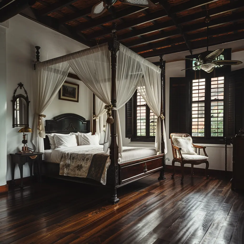 Langkasuka-style four-poster bed with white drapes in a dark wood bedroom