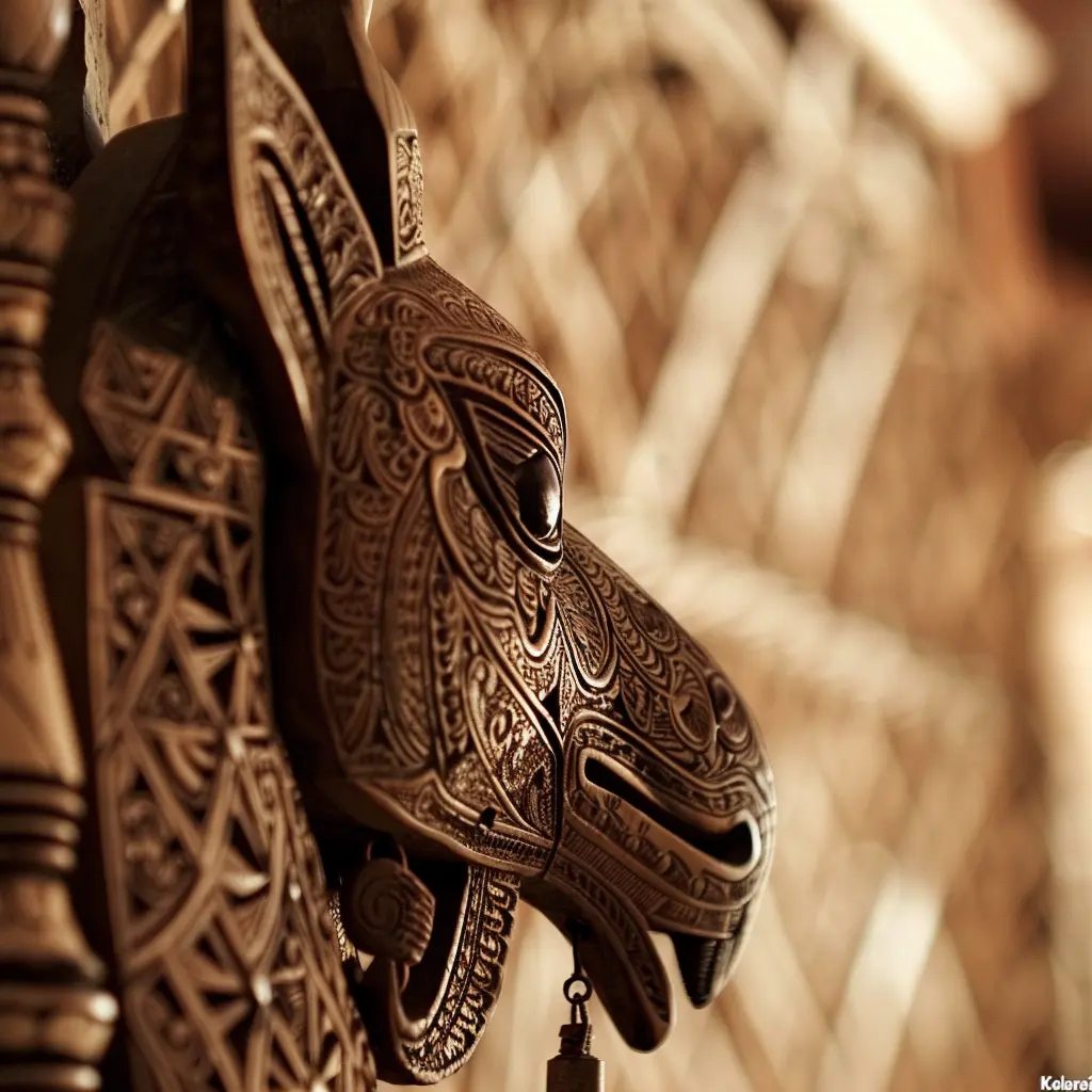 Intricate wooden carving of a mythical creature's head, reminiscent of Langkasuka architecture