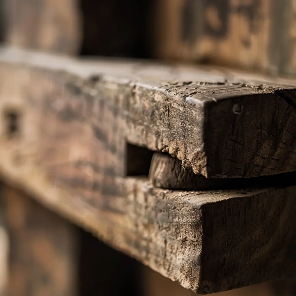 Close-up of weathered wooden beam with mortise and tenon joint, Langkasuka architecture detail.