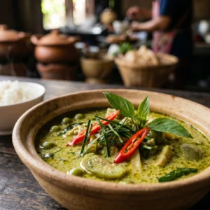 Thai green curry with chicken, bamboo shoots, and chilies in a rustic bowl