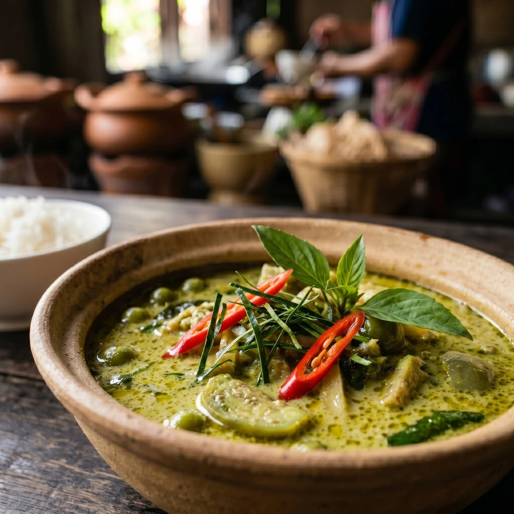 Thai green curry with chicken, bamboo shoots, and chilies in a rustic bowl