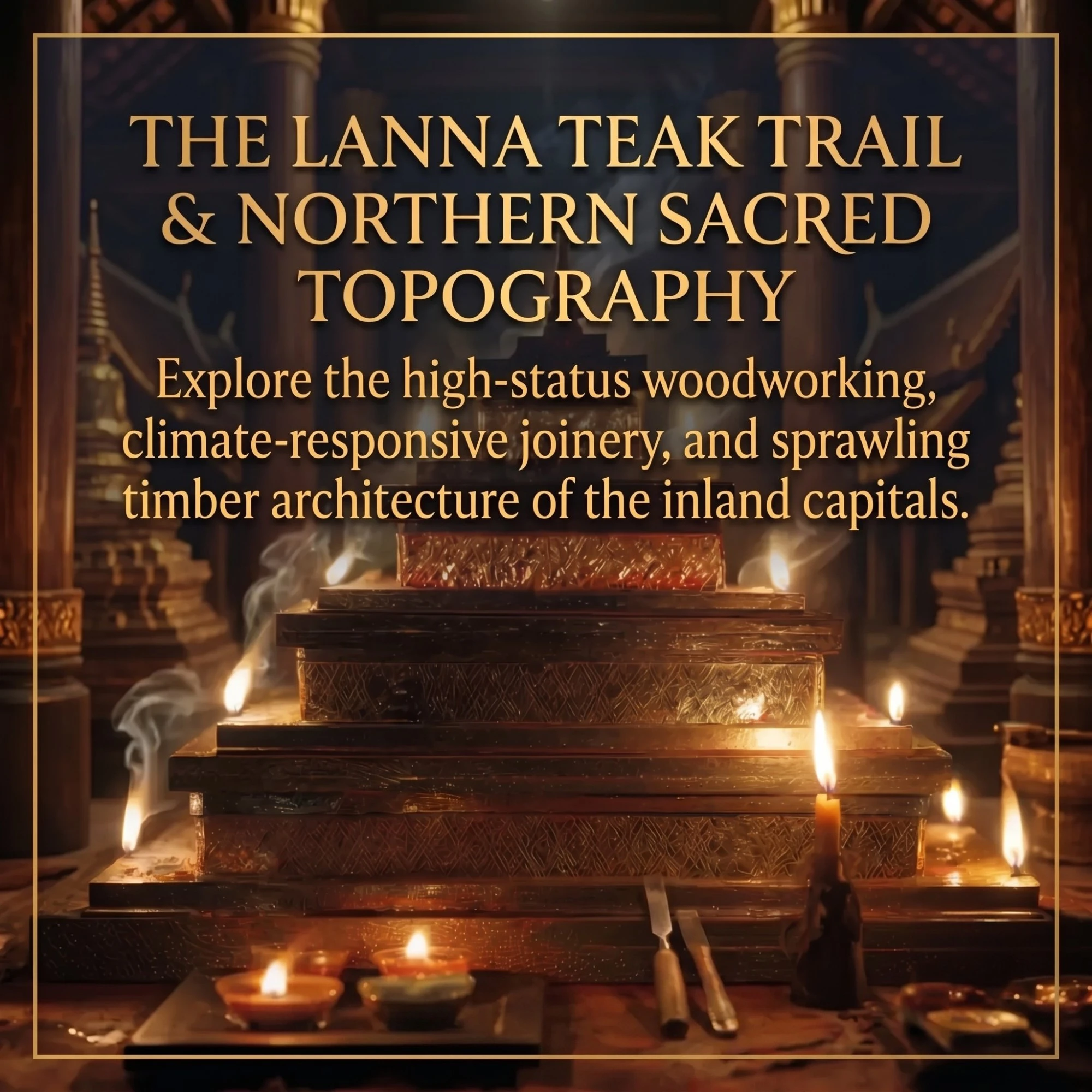 The Lanna Teak Trail: ornate wooden altar with candles and offerings.