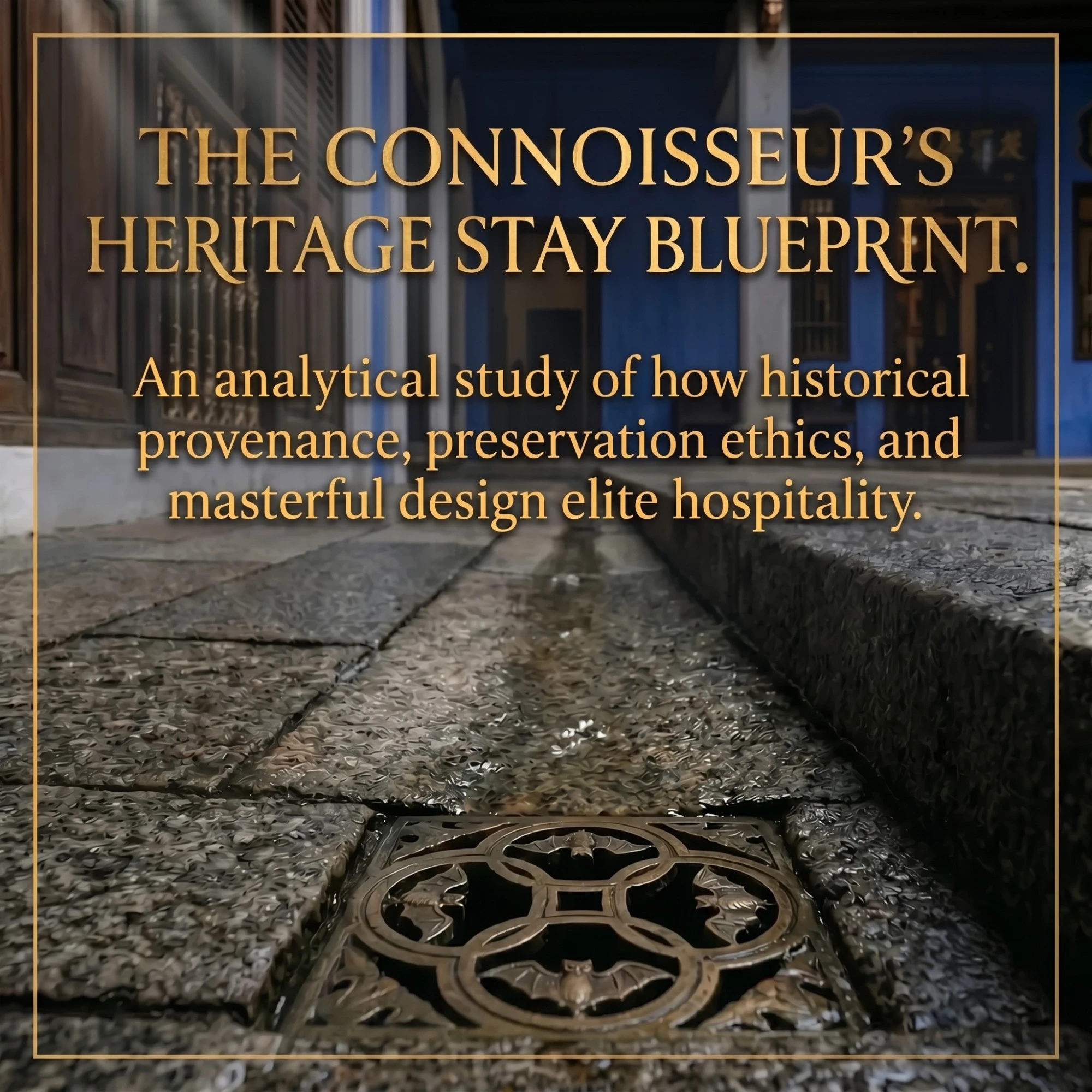 The Connoisseur's Heritage Stay Blueprint title overlayed on a historic courtyard drain