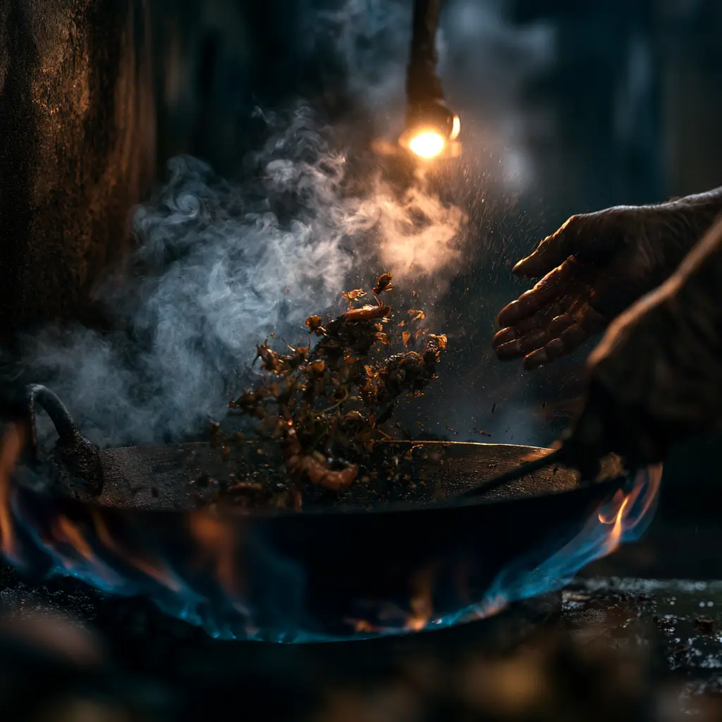 Wok cooking with flames and steam, hands tossing food