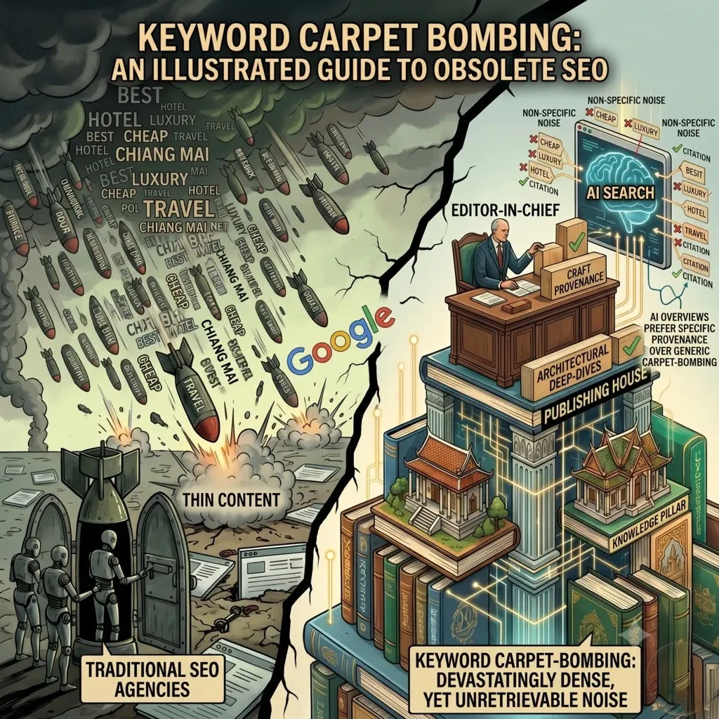 Keyword carpet bombing vs. AI SEO: Thin content bombs vs. knowledge pillars.
