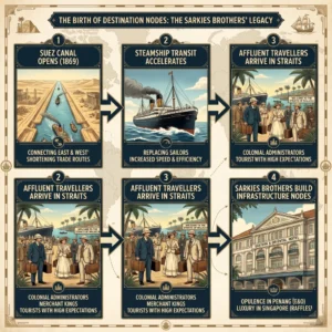Infographic: Suez Canal, steamships, affluent travelers, and Sarkies Brothers' hotels.