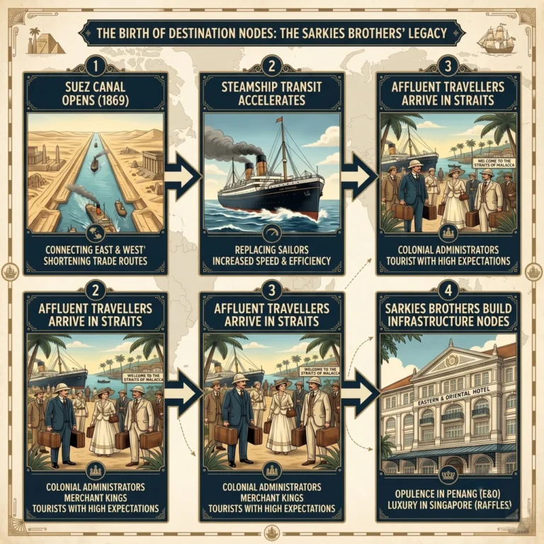 Infographic: Suez Canal, steamships, affluent travelers, and Sarkies Brothers' hotels.