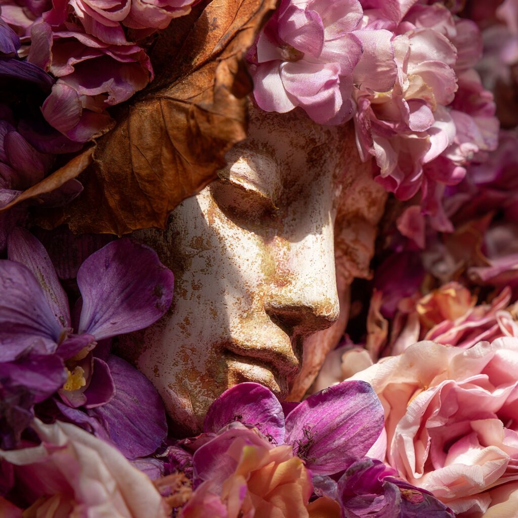 Ancient bust adorned with pink and purple flowers, possibly representing a goddess or muse.