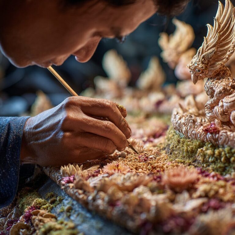 Artisan meticulously crafts intricate floral and bird sculpture with fine brushwork.