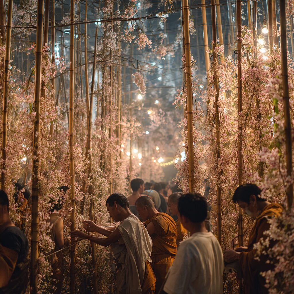 Monks in floral-lined bamboo pathway with soft lighting