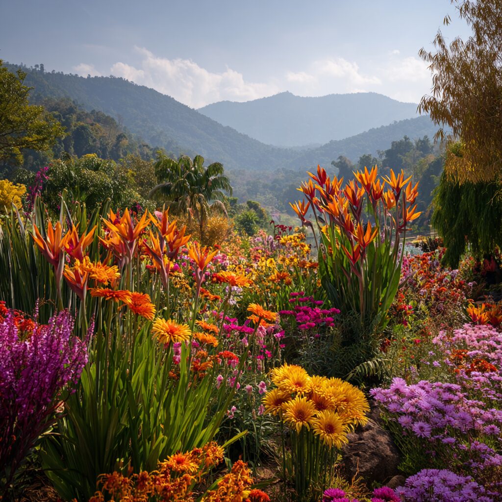 Vibrant flower garden with orange, yellow, and purple blooms, set against a misty mountain backdrop.