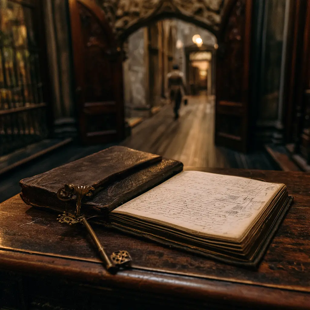 Antique ledger and key on a wooden table, with an arched doorway in the background.