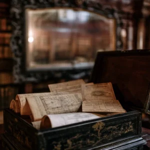 Ornate chest filled with old documents and blueprints, in front of a mirror.