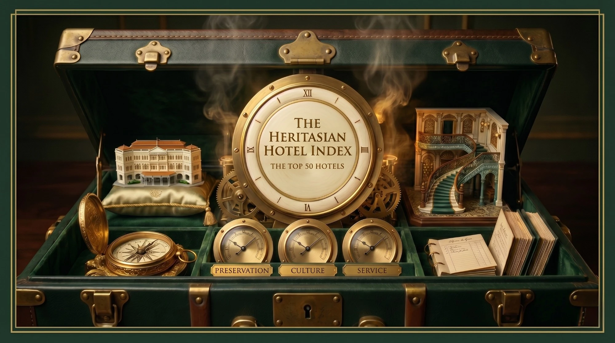 The Heritasian Hotel Index: Top 50 Hotels, vintage suitcase with compass, clock, gauges for preservation, culture, service.