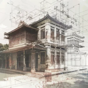 Heritage hotel blueprint overlay on an old building, a user guide concept.