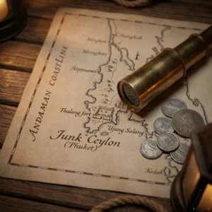 Antique map of Junk Ceylon (Phuket) with spyglass and coins.