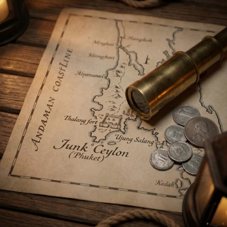 Antique map of Junk Ceylon (Phuket) with spyglass and coins.