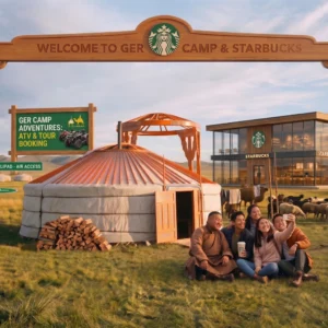 Ger camp and Starbucks in Mongolia, with a family taking a selfie.