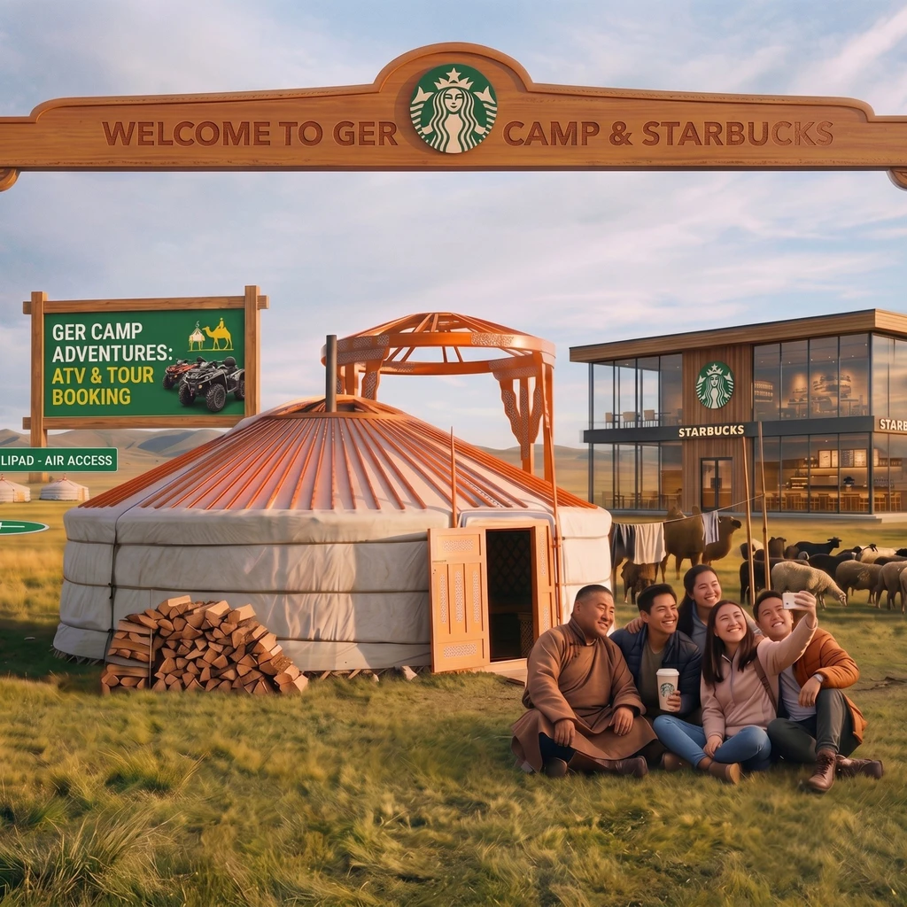 Ger camp and Starbucks in Mongolia, with a family taking a selfie.