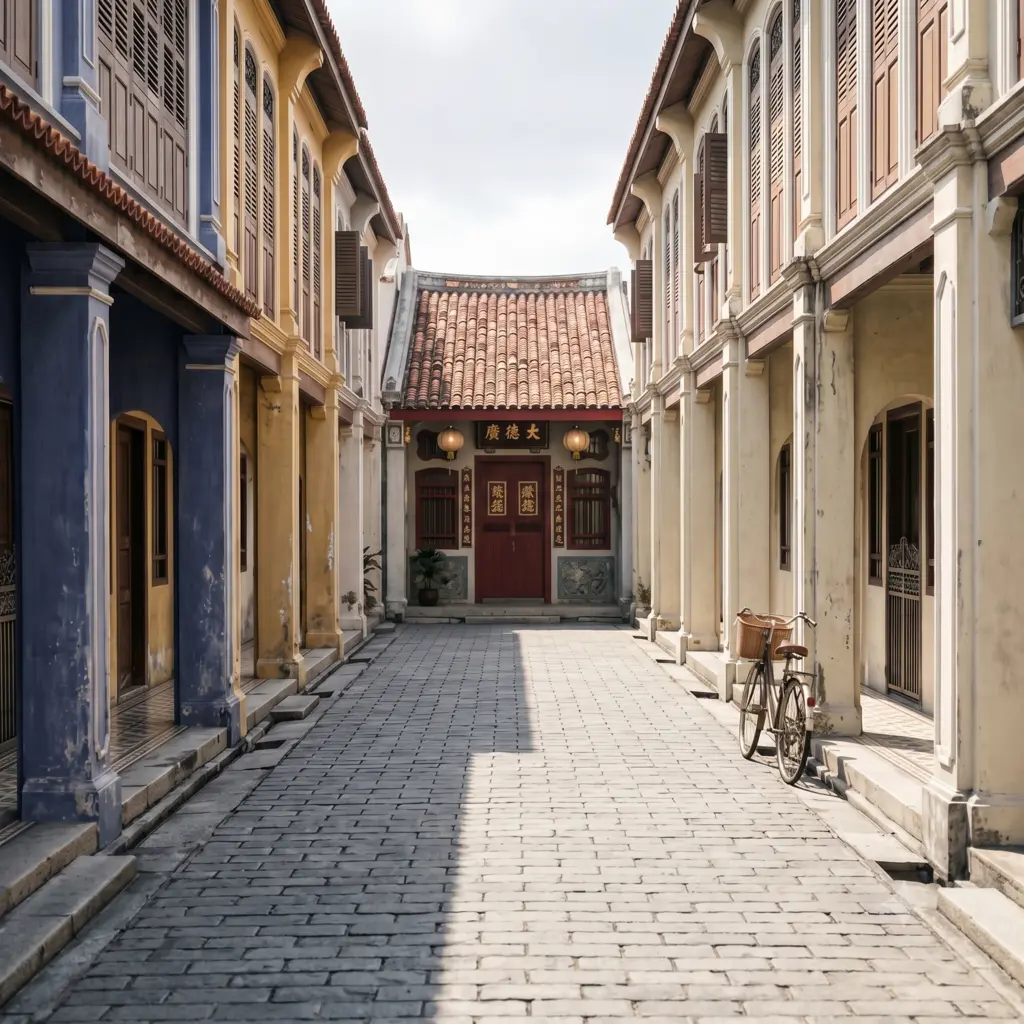 Penang heritage shophouses with bicycle, reflecting luxury asset class.